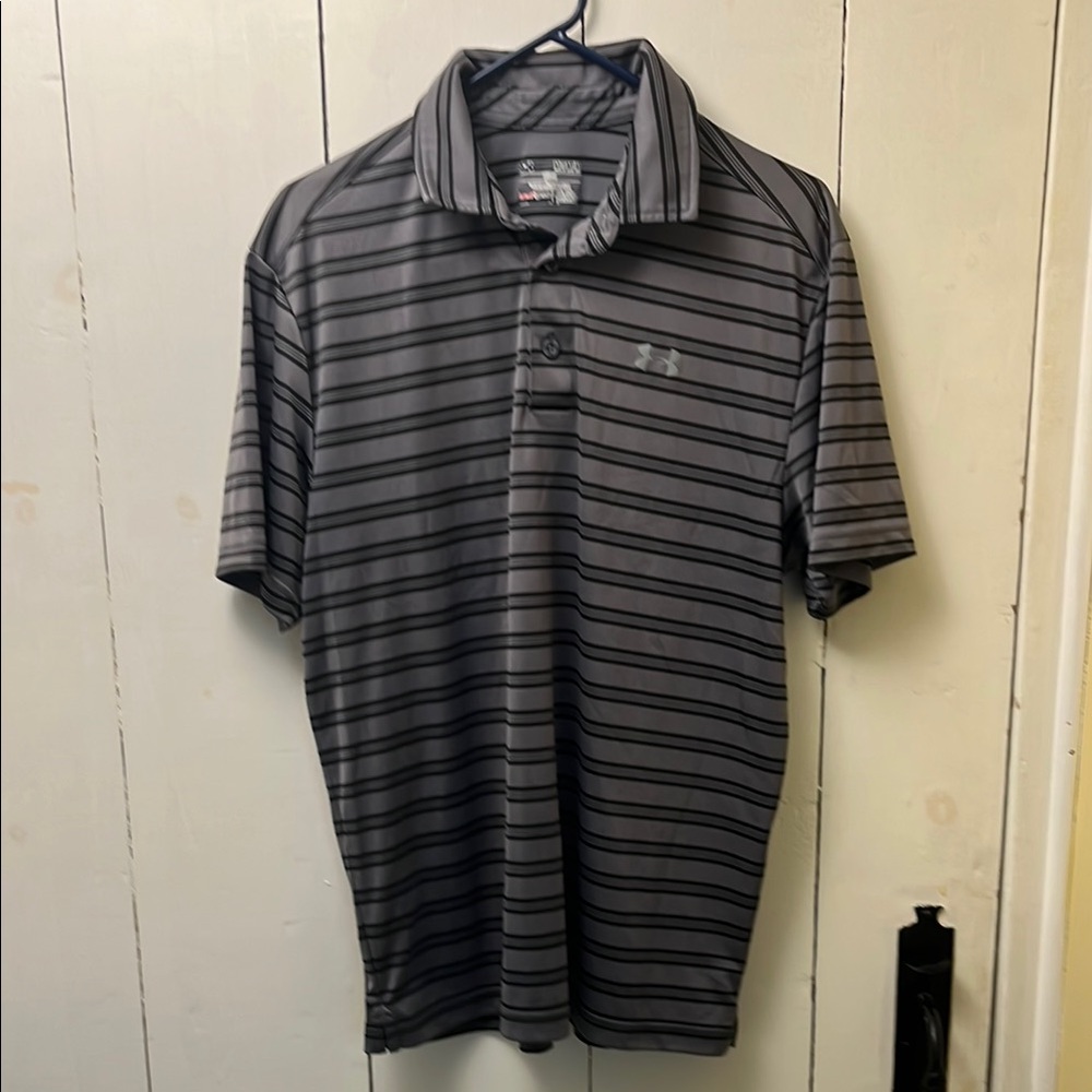 Under Armour Men's Black and grey Striped Polo Shirt size medium